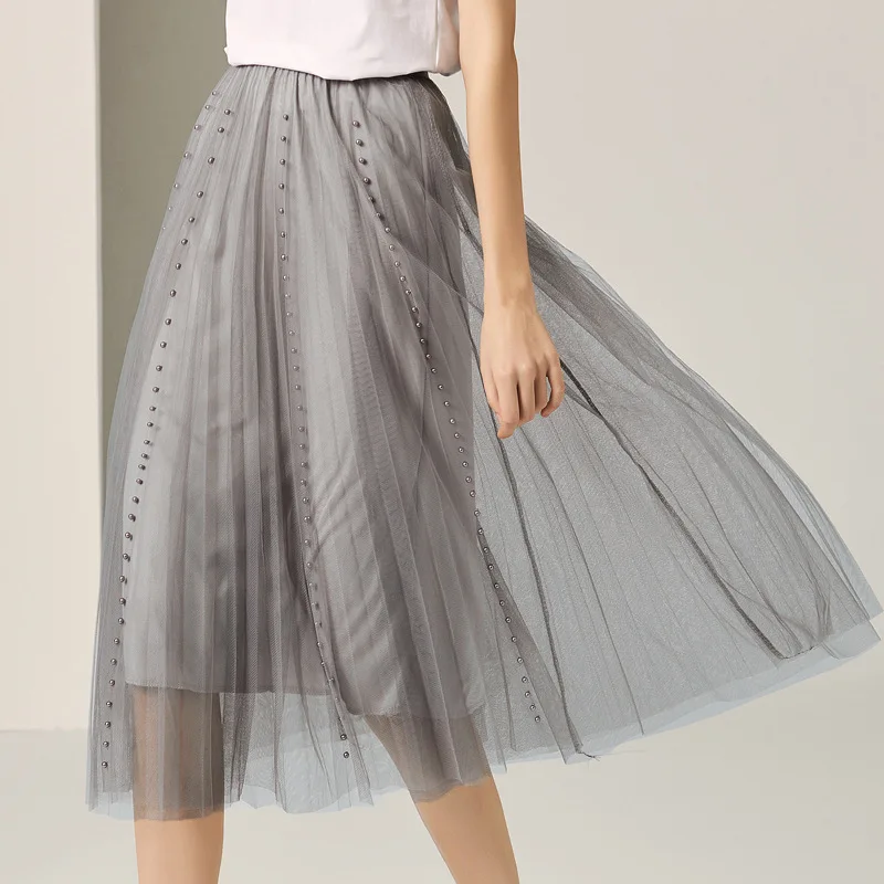 Pleated Skirt Women Summer 2019 New Fashion Solid Color Beading Mesh Elastic Waist French Style All Matched Gray Skirt Midi S-XL Pleated Skirt Women Summer 2019 New Fashion Solid Color Beading Mesh Elastic Waist French Style All Matched Gray Skirt Midi S-XL