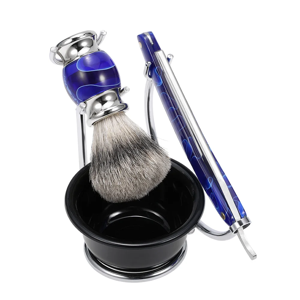 4 In 1 Men's Shaving Set Blaireau Hair Shaving Brush Straight Razor
