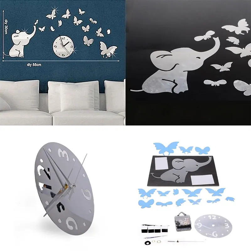 

3D Elephant Butterfly Silent Modern Design Hanging Wall Clock Livingroom