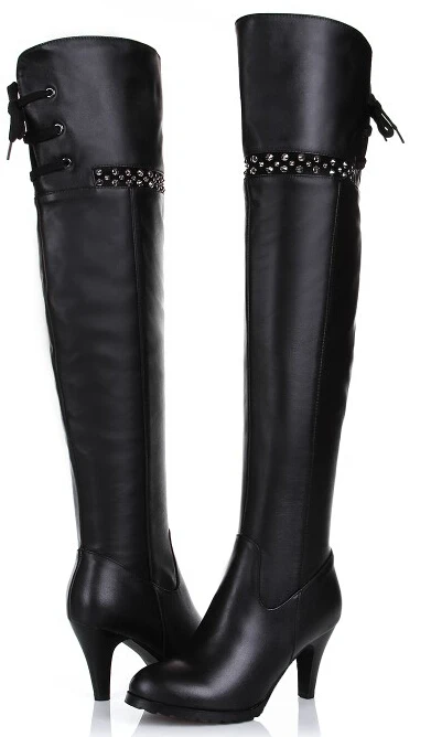 Модные женские осенне-зимние сапоги выше колена из натуральной нешлифованной кожи острый носок высокий тонкий каблук боковая молния большие размеры 33–45 SXQ0909 - Цвет: Черный