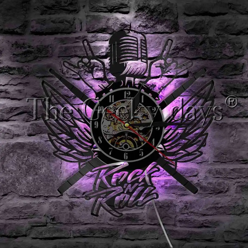 

1Piece Rock The Mic Heavy Metal Music Vinyl Record Wall Clock With LED illumination Rock N Roll Angel Wings Modern Wall Light