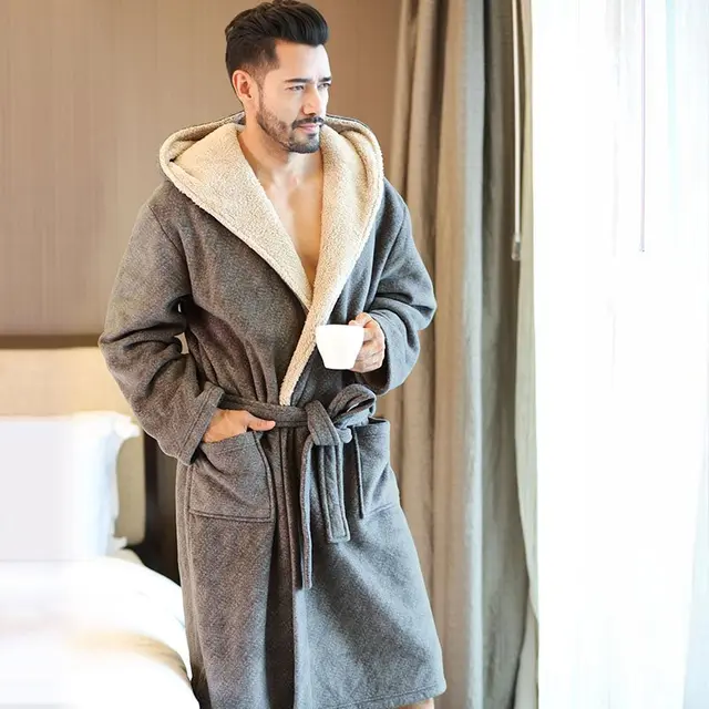 High Quality Mens Winter Thick Warm Flannel Hooded Robes Male Long Comfort Gray Home Wear String