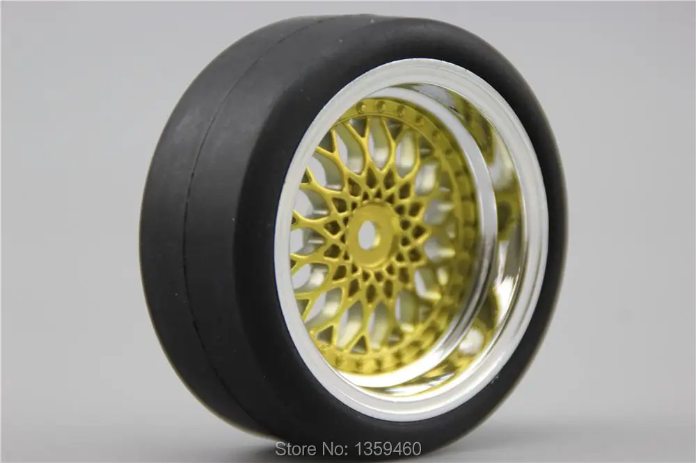 4pcs 1/10 RC Soft Rubber Touring Car Tire Tyre Wheel Rim Gold 10043+21005 