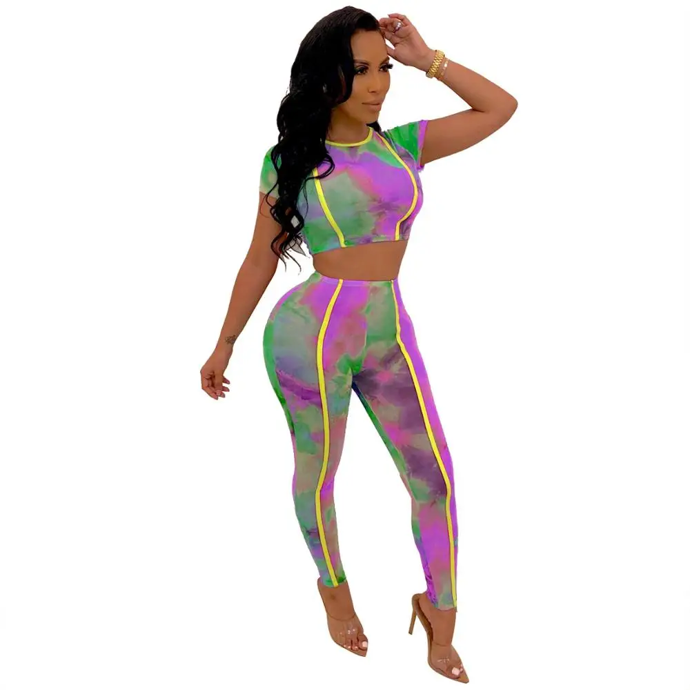 

Sexy Tie Dye Print Trim Two Piece Set Casual O Neck Crop T Shirt Top With Long Pants Women Sets See Through Bodycon Women Outfit