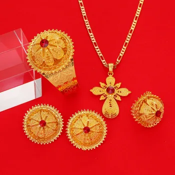 

Gold Color Ethiopian Jewelry Sets Red Blue Green Stone Ethiopian Habesha Bride Wedding Eritrea Chain African Jewelry Set