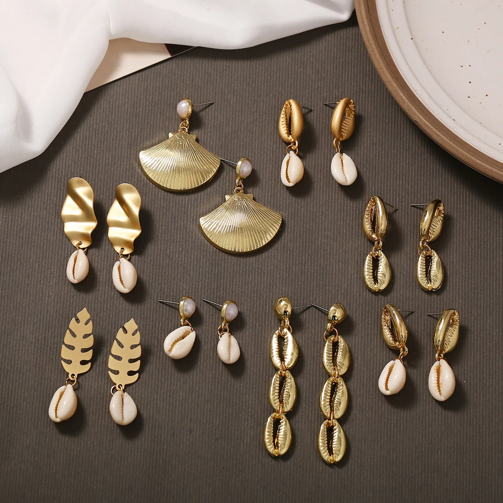

Gold Color Shell Conch Drop Earrings For Women 2019 New Summer Korean Pearl Statement Earrings Ladies Fashion Jewelry Gifts