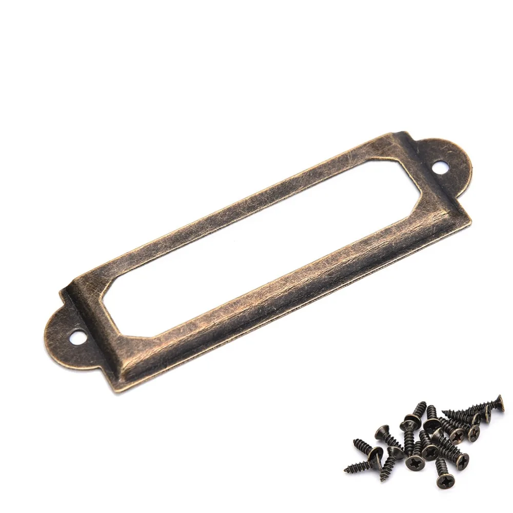 50Pcs Antique Brass Metal Label Pull Frame Handle File Box Case Bin with Screw Name Card Holder Furniture Cabinet Drawer