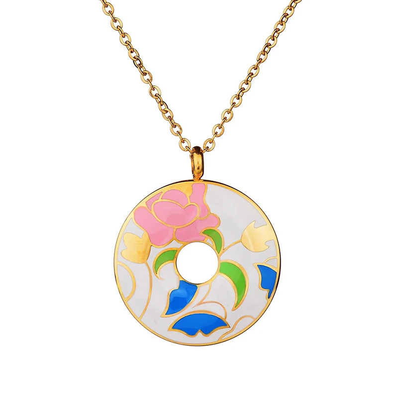 

Simple Ceramic Flower Pattern Round Pendant Necklaces Colorful Pink Enamel Chokers Necklaces Mujer Birthday Gift Love Jewerly