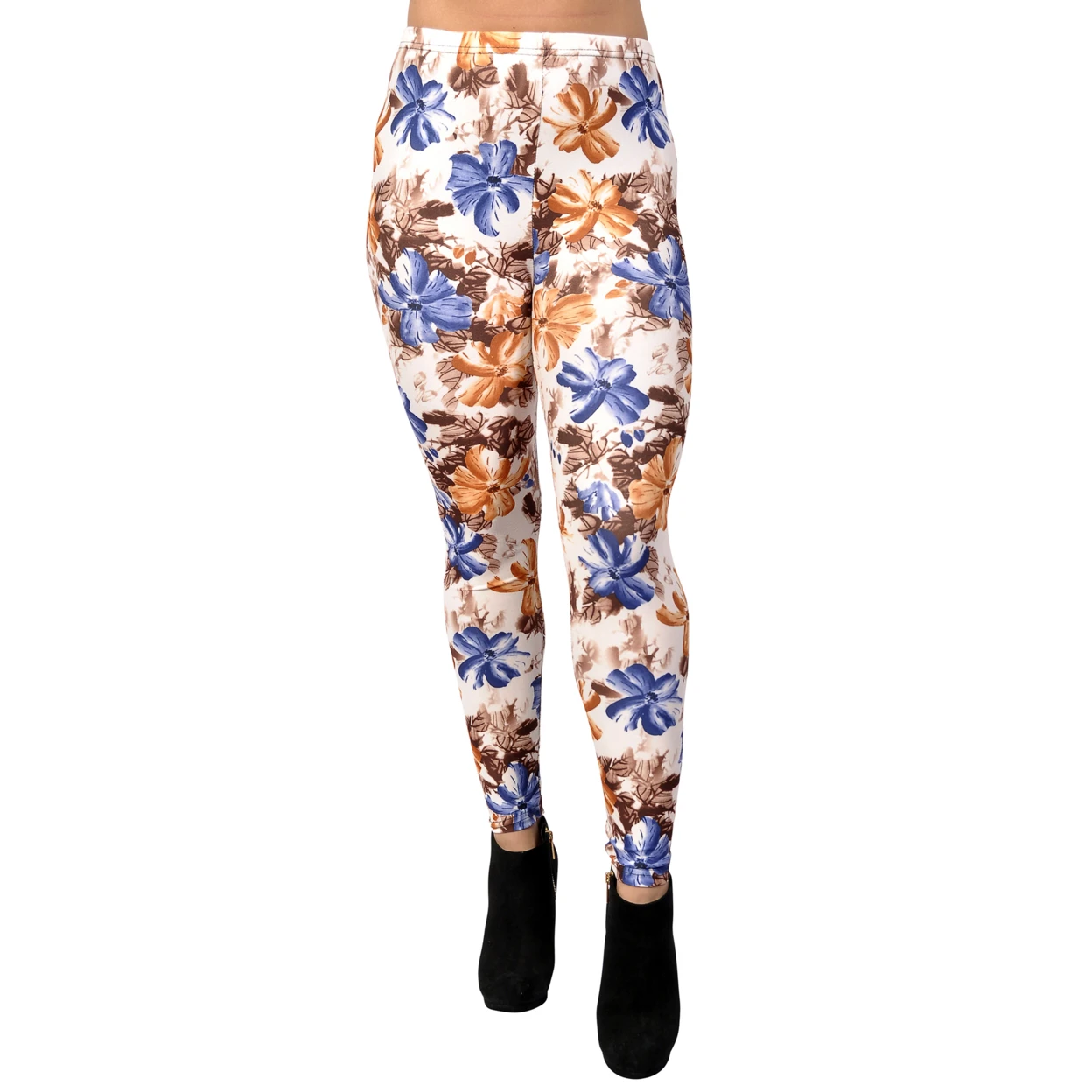 Women's Blue And Orange Floral Leggings Medium White (3)
