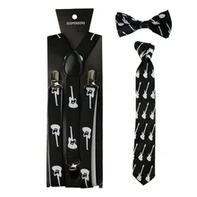Черный, белый, с принтом гитары, подтяжки, галстук и галстук-бабочка, набор, на клипсах, эластичная y-образная задняя часть, подтяжки, подтяжки для женщин и мужчин