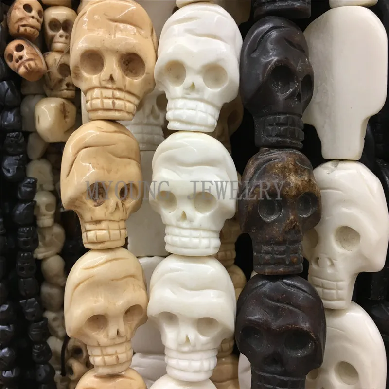 

MY0761 32x23mm Multi Color Skull Carved Bone Beads,Skull Head Shape Drilled Beads,OX Bone Beads 13Pcs /Lot