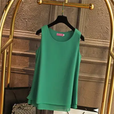 New Solid color Women Long Chiffon shirt summer Casual Top plus size S-6XL Loose sleeveless Blouse Double chiffon Blouses - Цвет: Dark green