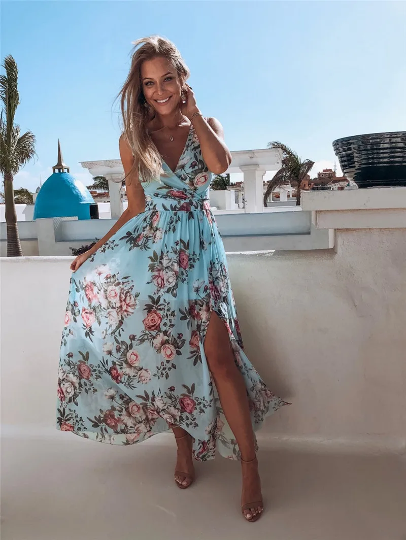 

Bohemia 019 Women Boho Floral Long Maxi Dress Sleeveless Deep V High Waist Split Dress Summer Beach Style Holiday Party Dresses