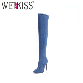 

WETKISS 2019 New Denim Over The Knee Women Boots Pointed Toe Thin Heels Holed Sewing Zipper Footwear Spring Fashion Ladies Shoes