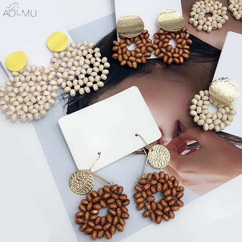 

AOMU Korea Vintage Colorful Metal Wafer Hollow Out Round Circle Wooden Beads Flower Big Long Stud Earrings Set For Women Girl