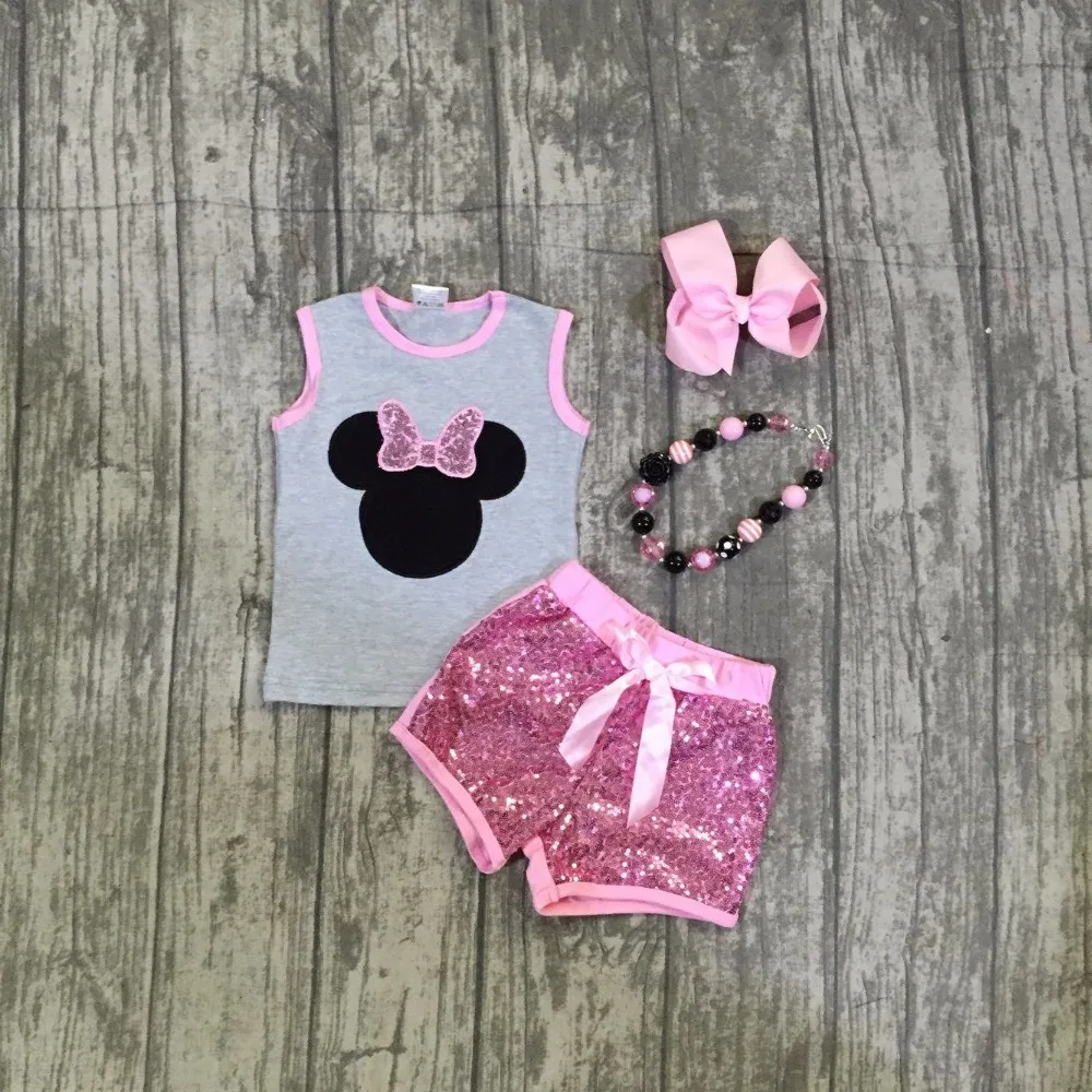 

baby girls minnie summer outfits children pink minnie clothes girls minnie top with pink sequin shorts outfits with accessories