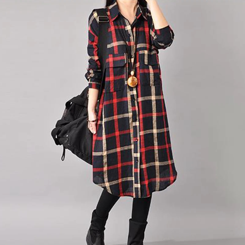 

Manubea Three Quarter Sleeve Grid Women Blouse Casual Long Plaid Shirts Women Tops and Blouses Loose Lattice Blusa Feminina