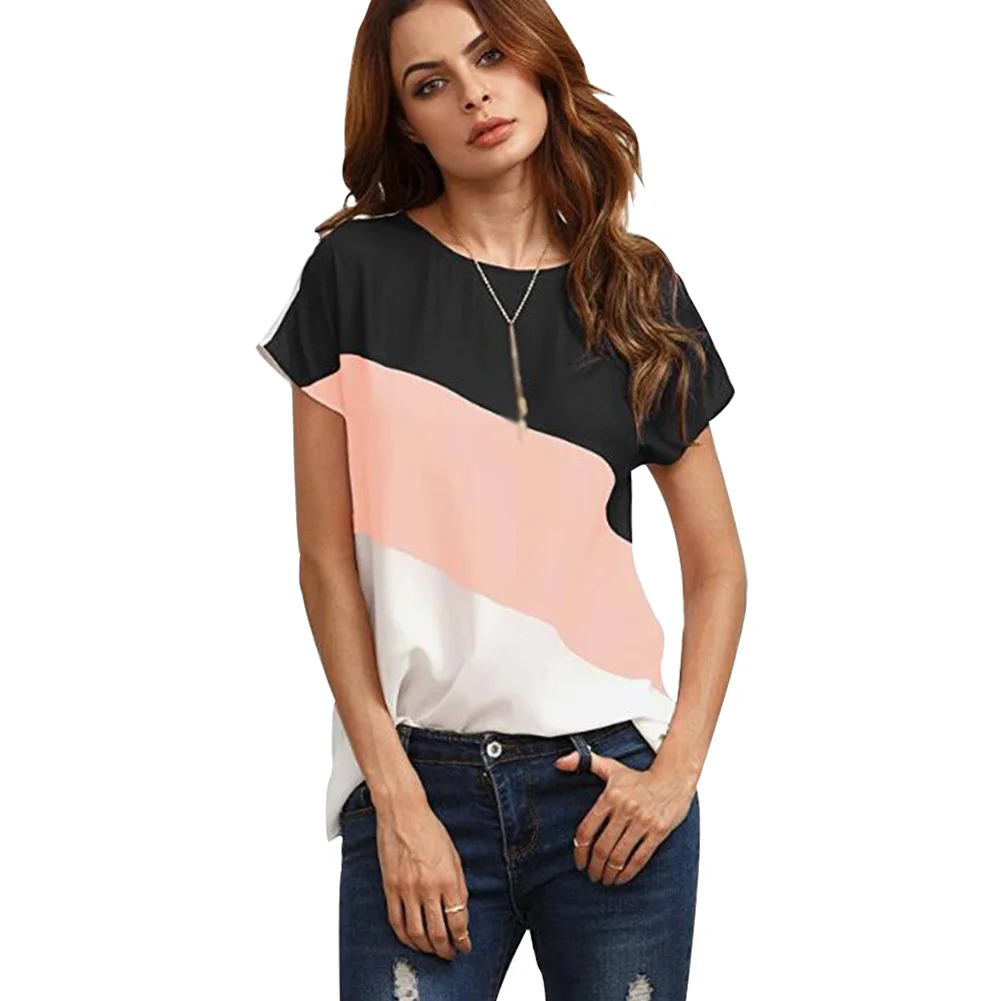 

T-Shirt Patchwork Top Loose Short Sleeve Chiffon Casual Color Block Crew Neck
