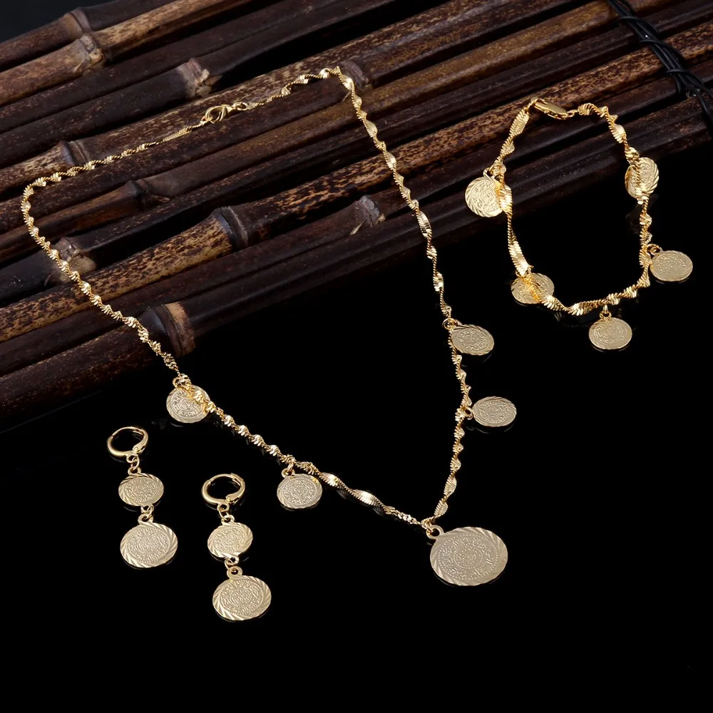 

Bracelet Necklace Earrings set Islamic Muslim Arab Coin Money Sign Women 14 K Real Yellow Solid Gold FINISH Middle Eastern