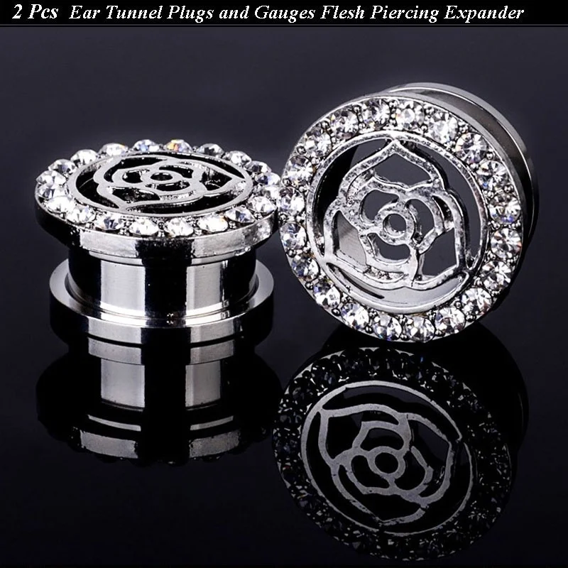Pair Hollow Floral Rose Ear Tunnels Plugs Gauges Clear Crystal Gem