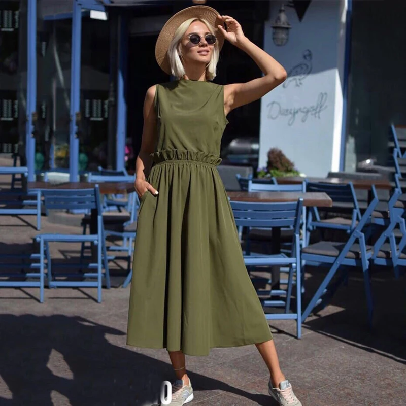 

2019 Summer New Fashion Women Long Dress Casual O-neck Sleeveless Ruffled Loose Dresses Elegant Solid Beach Midi Dress Vestidos