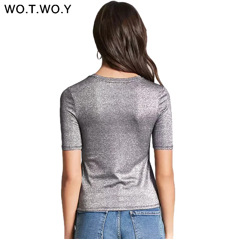 WOTWOY Лето 2018 блестящие футболки Для женщин Slim Fit люрекс Топы женские Повседневное