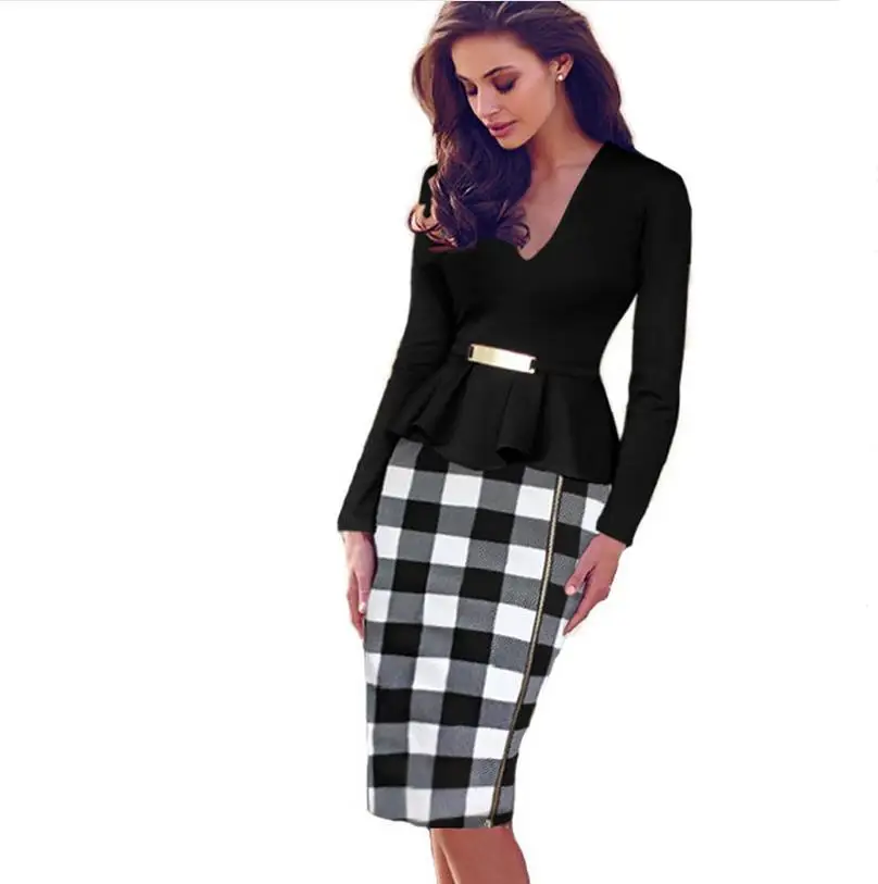 

Slim Work Plaid dresses New Womens Vintage Elegant Belted Tartan Peplum Ruched Tunic Work Party Cap Sleeve Bodycon Sheath Dress