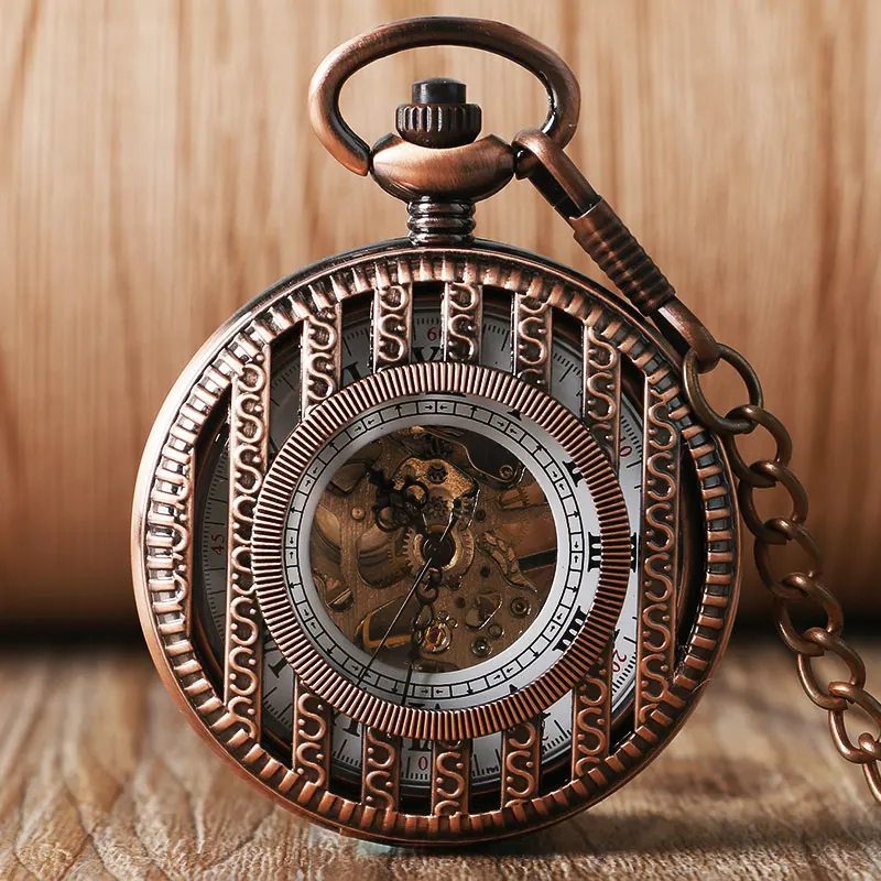 Creative Stripe Hollow Cover Mechanical Pocket Watch Winding Up Steampunk Nurse Clock Luxury Rose Color Gift Item for Men Women 2017 2018 (2)