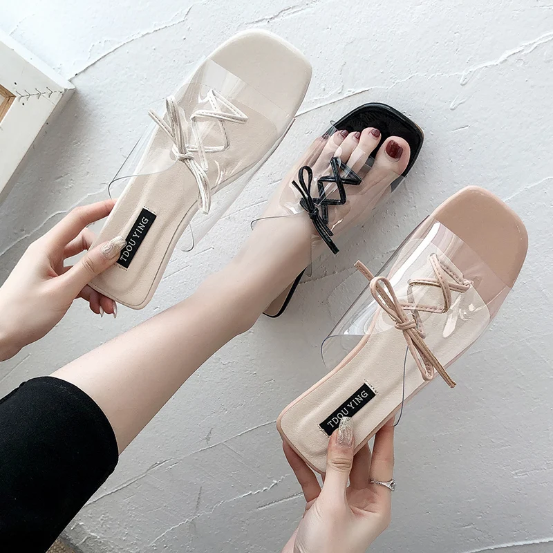 

Summer Clear Transparent Slippers Slides Women Shoes Woman Outside Low Heels Solid Crystal Lace Up Beach Sandals Holiday Slipper