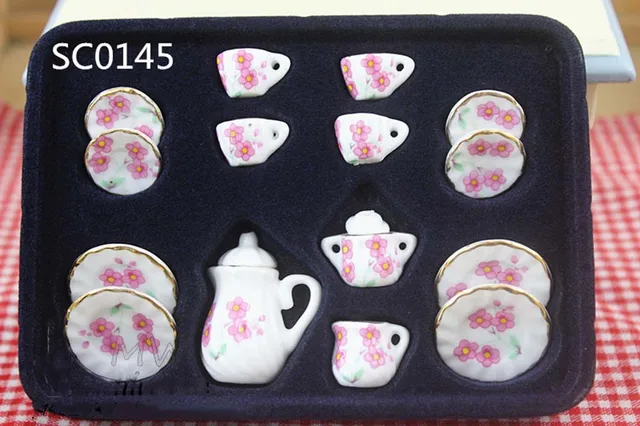 15Pcs 1/12 Dollhouse Miniature Accessories Mini Ceramics Tea Set Simulation Kettle Plate Cup Model Toys Doll House Decoration sc0145