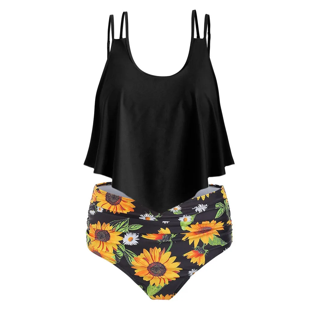

KANCOOLD Women Clothes Sexy Plus Size Vest Sunflower Print Two Piece Suits High Waist Swimwear Off Shoulder Beach Swimsuit Femme