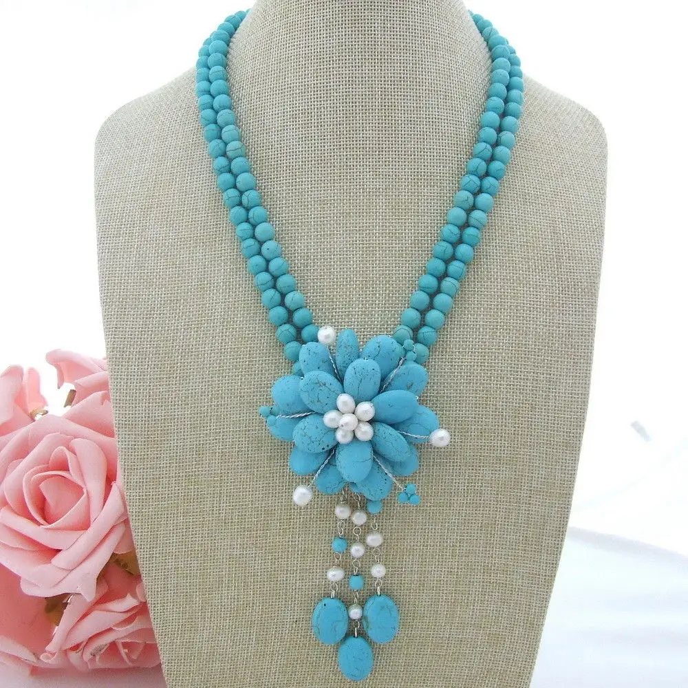 

N022931 20'' 2 Strands White Pearl Blue Stone Flower Necklace