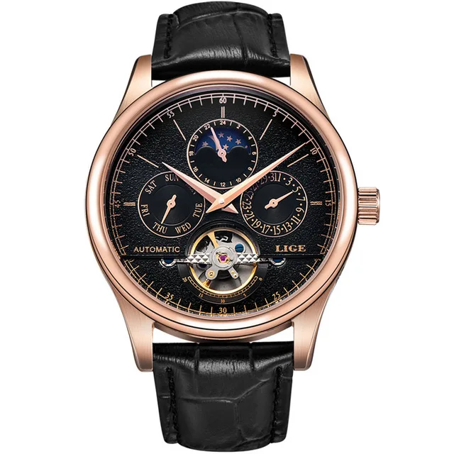 Reloj LIGE, мужские часы, механические, Tourbillon, Роскошные, модный бренд, кожа, мужские спортивные часы, мужские автоматические часы, Relogio Masculino - Цвет: gold Black