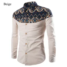 Hot Sale Fashion Printing Pattern Linen Casual Turn-Down Collar Slim Camisa Masculina 3 colors size M-3XL