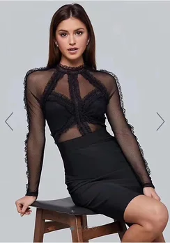 

Top Quality Sexy Women Dress Black O-Neck Lace Bandage MIni Dress Evening Party Dress