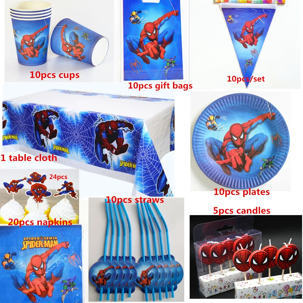 

For 10 people 100pcs Spider super man happy birthday kids party baby boy party shower banner disposable tableware decoration