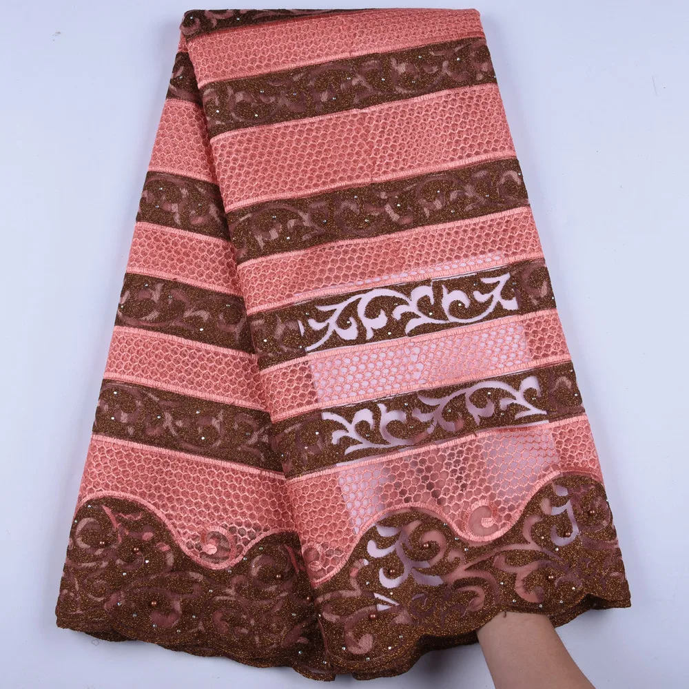 

Latest 2019 Nigerian French Mech Lace Fabric Embroidered High Quality African Lace Fabric Orange Color Fabric For Party F1607