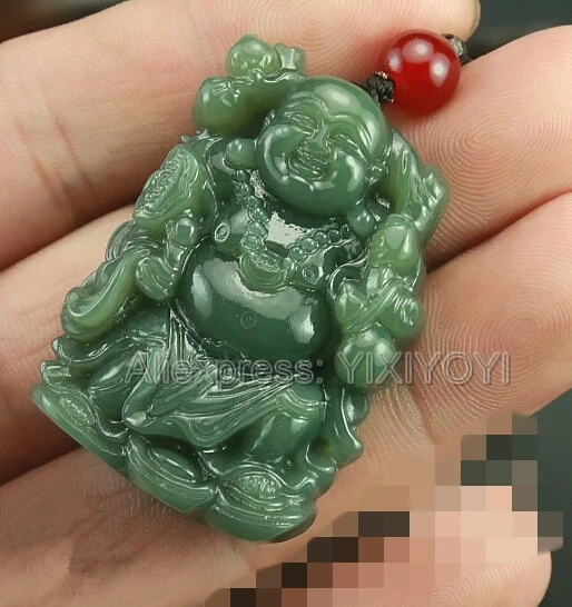 Красивый природный зеленый хотанский нефрит резной китайский Большой Будда Амулет счастливый кулон+ ожерелье сертификат ювелирные изделия