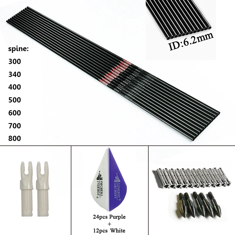 

Linkboy archery 12pcs/lot Carbon Arrow Shaft 30'' 32" sp300-800 ID6.2 5inch Feather Nock Insert Point arrow point 75gr Hunting