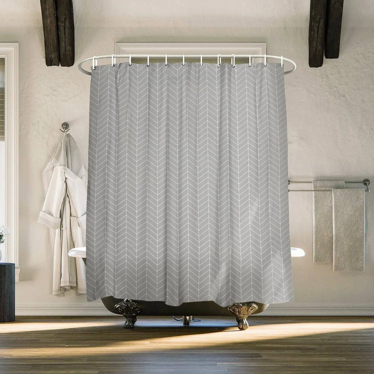Grey Stripe Natural Herringbone 84 Inch Extra Long Shower Curtains
