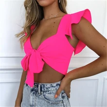 Пикантные Для женщин рубашка сплошной бабочка на шею Front Crop Top рюшами пляжная Блузка жилет рубашка завернутый Базовая Cami