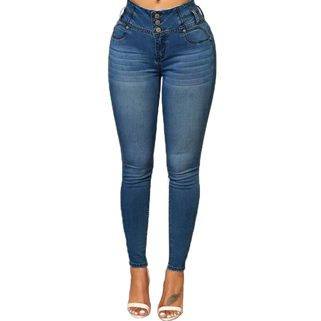 Тонкие джинсы для женщин обтягивающие высокая посадка на пуговице Джинсы женские синие джинсовые приталенные Стрейчевые штаны талия женские джинсы брюки Feminina