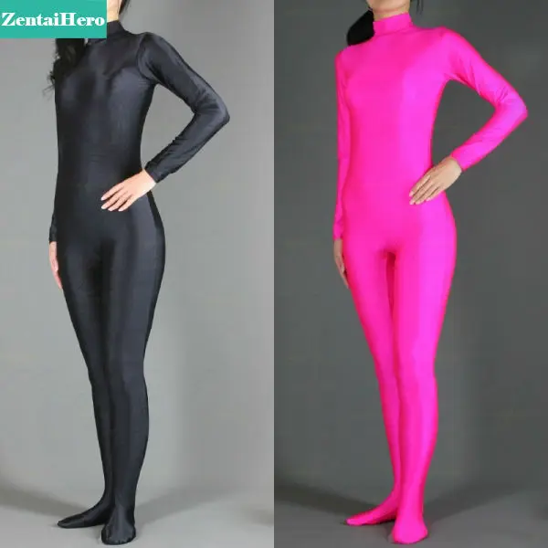 Free Shipping Sexy Women's Second Skin Gymnastics Zentai Catsuit Black And Fuchsia Tights Lycra
