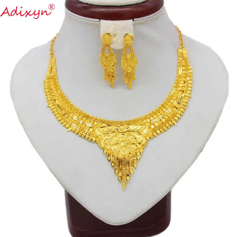

Adixyn Chain&Earrings Jewelry Set for Women Gold Color Bling Hanging Jewelry Ethiopian Wedding/Party Accessary N07127