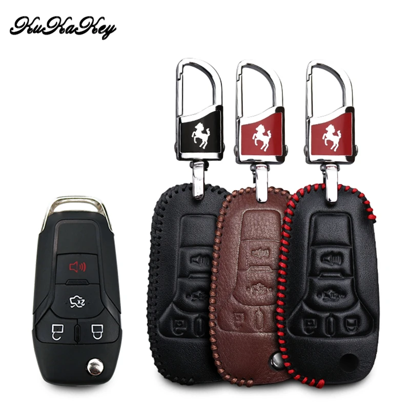 

KUKAKEY Leather Car Key Case Key Bag For Ford Focus Fiesta Transit Ecosport Kuga Remote Car Key Cover Car Styling Accessories