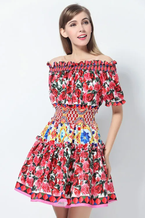 One Piece Dress New Fashion 2017 Spring Summer Women Sexy Off Shoulder Rose Floral Print Short