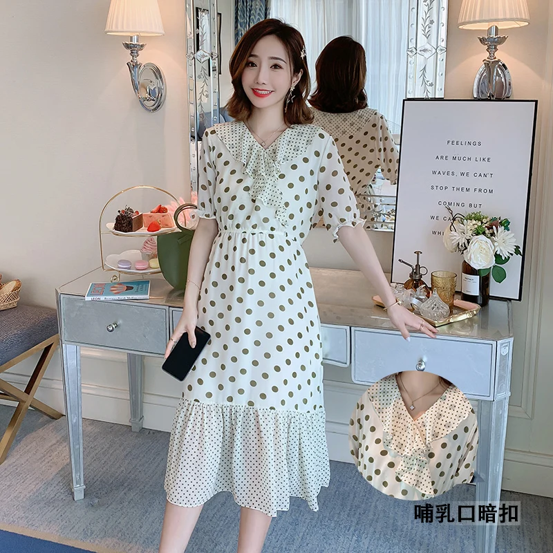 Pregnant Women Summer Chiffon Breastfeeding Dress Short Sleeve Ruffles Collar Empire Dress Maternity Polka Dot Nursing Dress