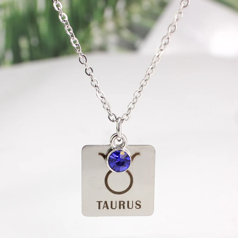 Новое ожерелье со знаком зодиака из нержавеющей стали 12 для женщин хрусталь камень Созвездие квадратный кулон ожерелье ювелирные подарки - Окраска металла: Taurus