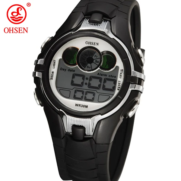 OHSEN новые цифровые детские спортивные часы для мальчиков с будильником, хронографом, датой и днем, 7 цветов, светодиодный светильник, 3 АТМ водонепроницаемые наручные часы - Цвет: Черный
