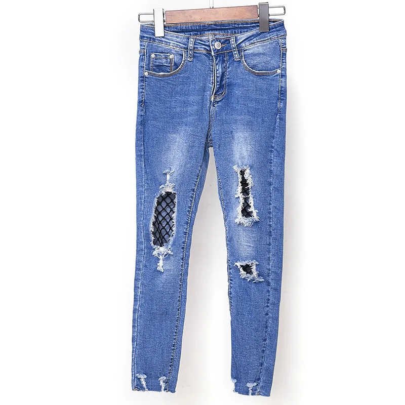 

2017 Summer New Fishnet Hole Jeans Pencil Pants Jeans Creative Low Waist Denim Pants Trousers for Women Girls 2227